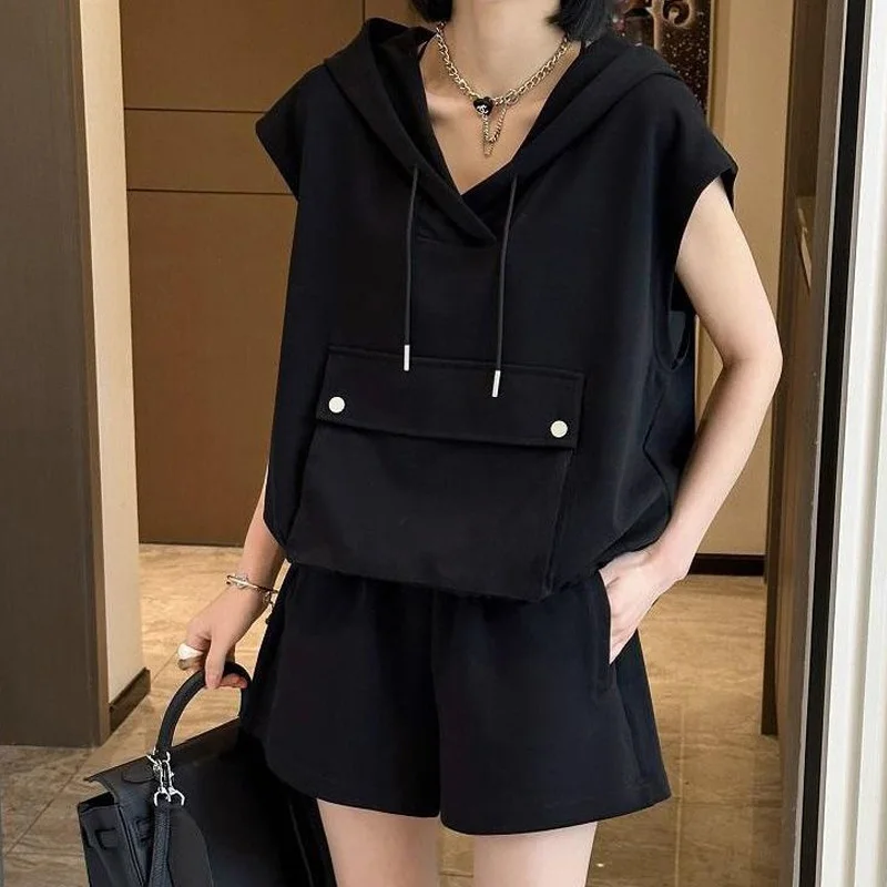 Solid Oversized Ladies Fashion Pullovers Two Piece Set Summer Loose Sleeveless Tops New Elastic Waist Straight Wide Leg Pants