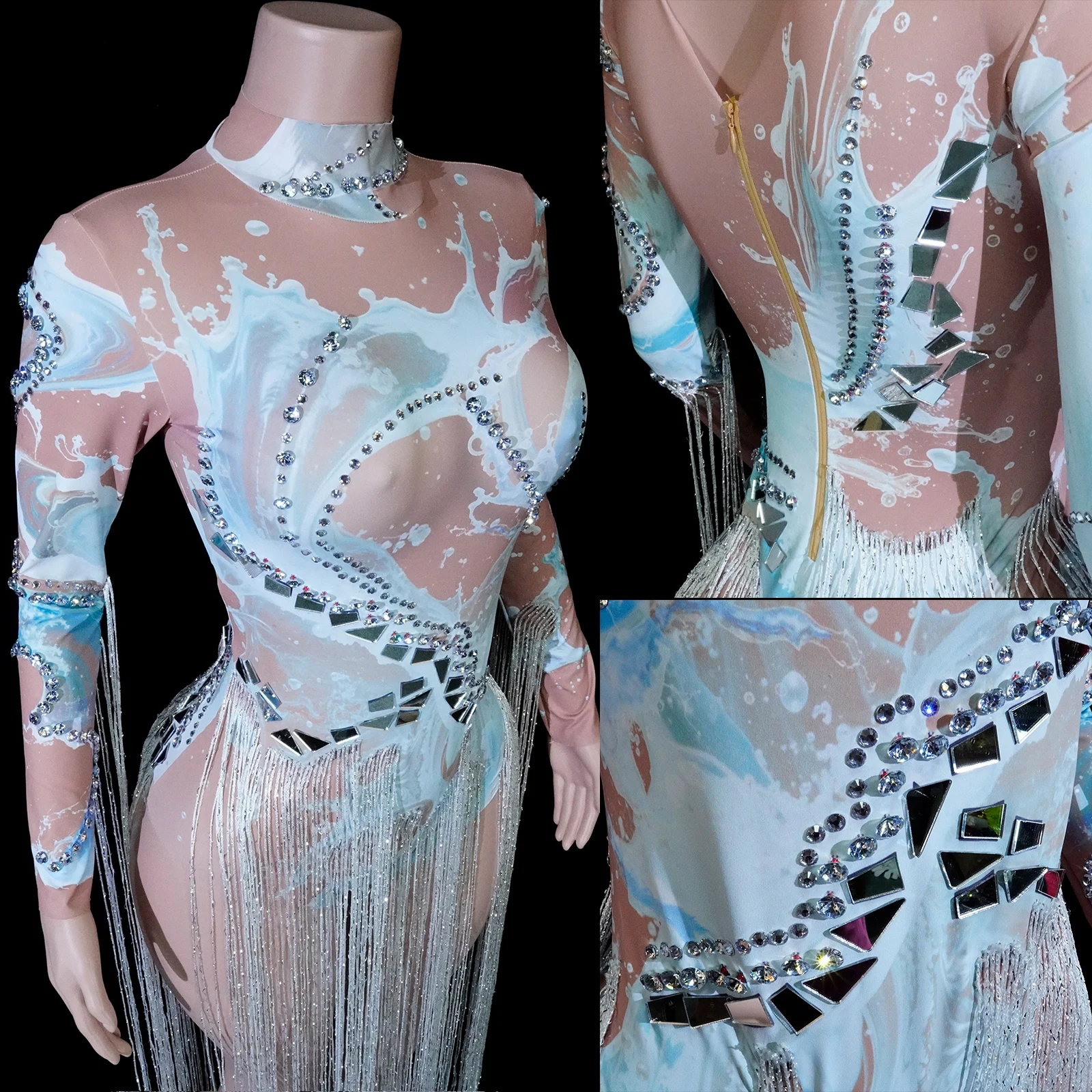 Spark Light Green Mirror Fringes Rhinestones White Bodysuit Leotard Party Dance Singer Nightclub Showgirls Stage Drag Costumes