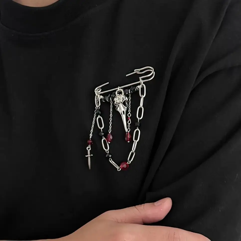 IngeSight.Z Goth Black Red Crystal Tassel Pendant Brooches for Women Trendy Halloween Clothes Skirt Pants Suit Pins New Jewelry
