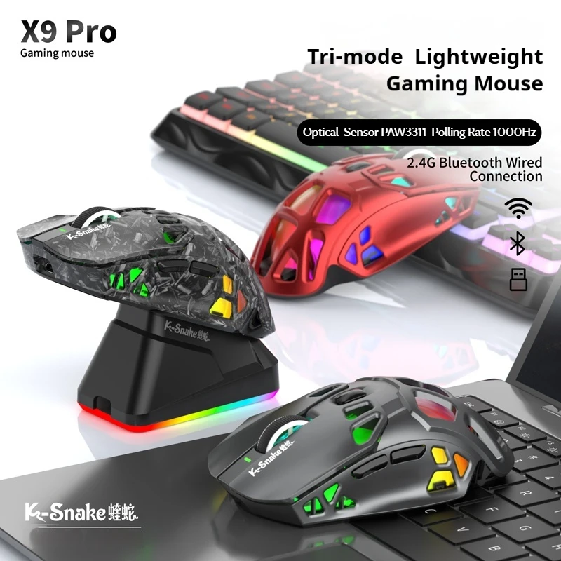 K-Snake X9 Tri-Mode Wireless Bluetooth Gaming Ventilated Mouse 1000Hz Reporting Rate 12000DPI 600mAh Battery RGB Charging Base