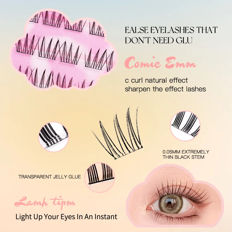 Clusters de cílios autoadesivos, sem necessidade de cola, cílios individuais, extensões de cílios macios para maquiagem natural, reutilizáveis