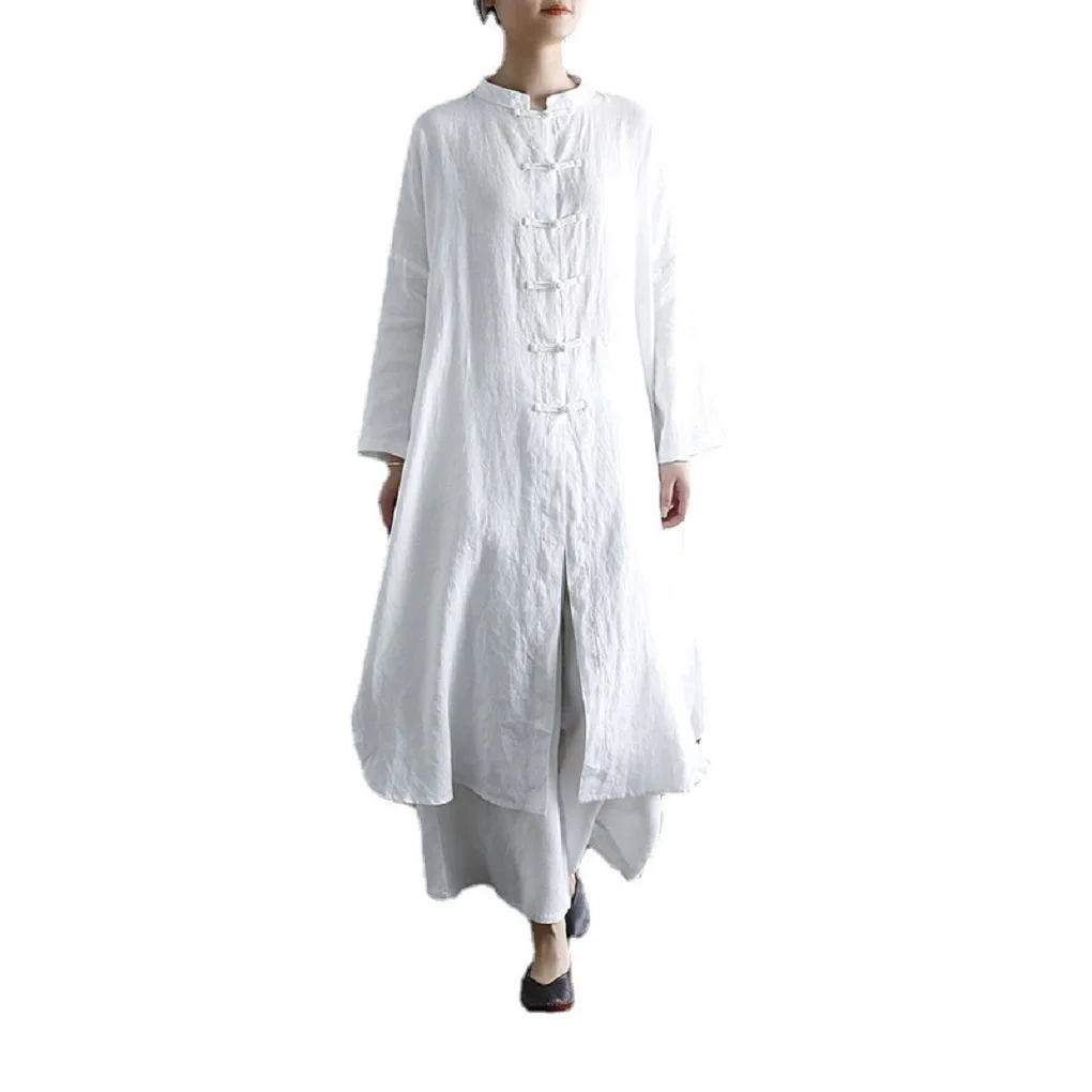 

Shanghai Story 2022 Women's Loose Chinese Style Button Down Linen Cotton Long Cardigan Jacket Coat Kungfu Shirt White