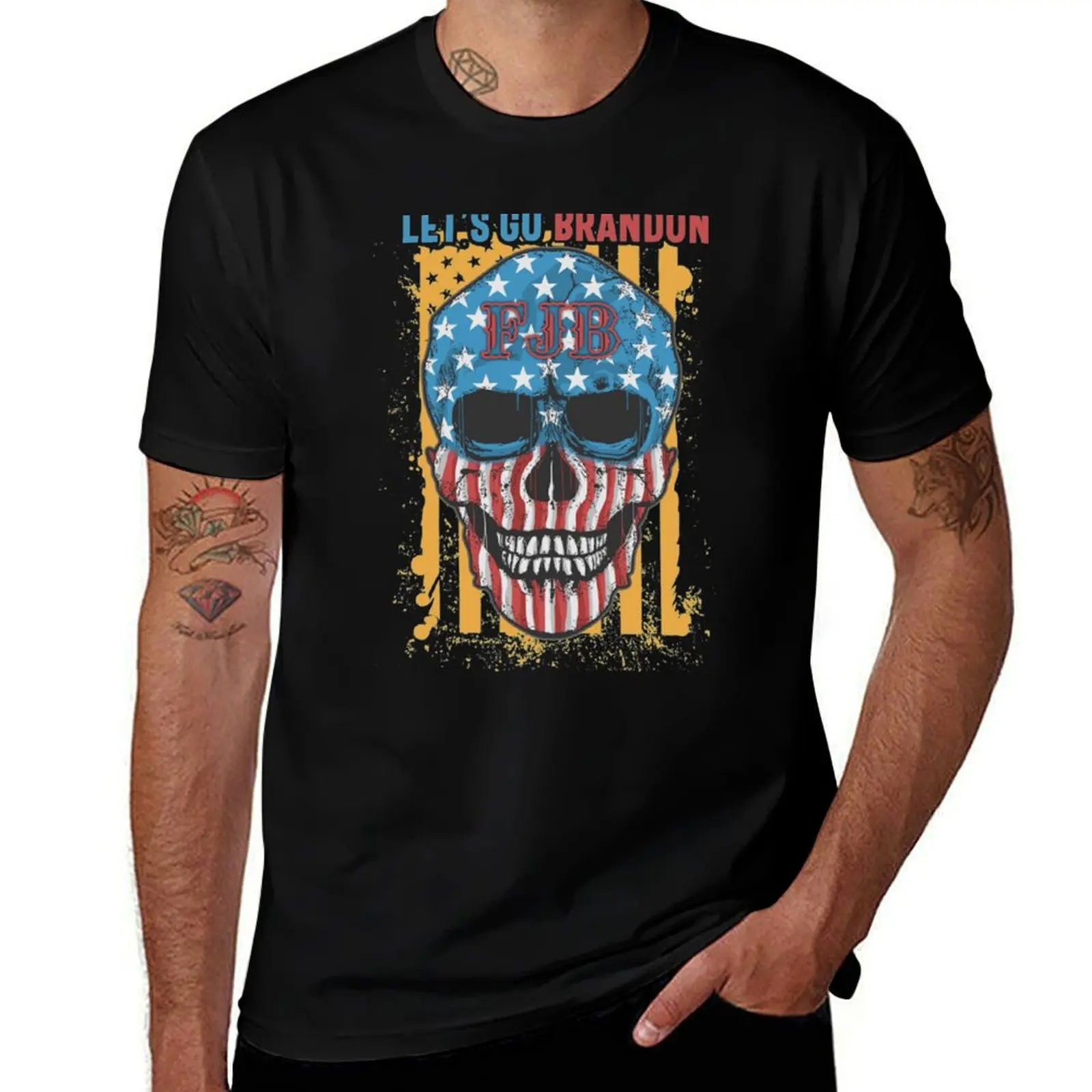 Let's Go Brandon Chant sarcastic Conservative Vintage US Flag Halloween Skull T-Shirt Work Style Casual T-Shirt