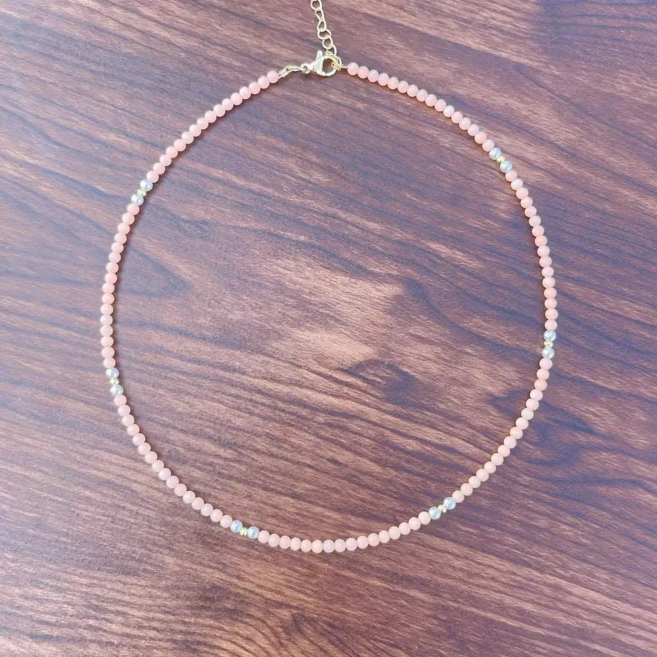 Delicate Pink Coral & Pearl Choker 2mm Tiny Bead Necklace with Natural Pink Coral Accents Adjustable Extender Chain for Her Gift