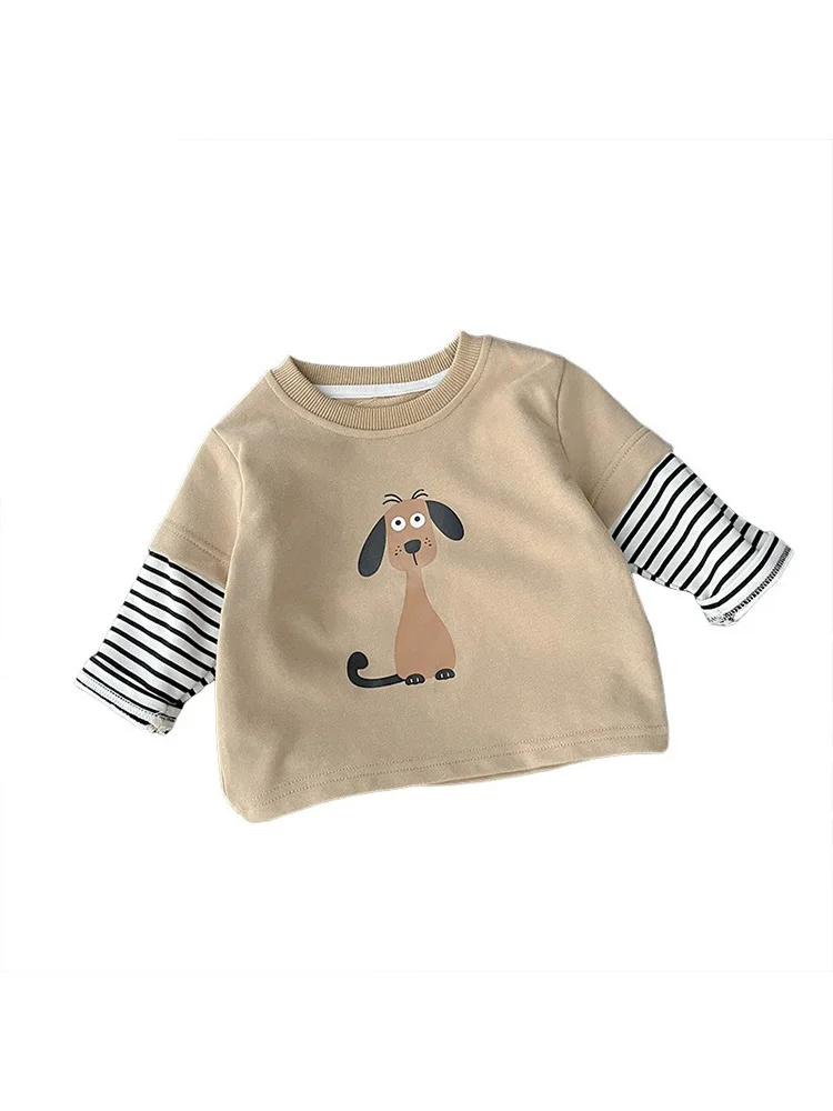 2024 Autumn New Baby Fake 2pcs Long Sleeve T Shirts Infant Boys Cotton Tops Toddler Girls Cartoon Print Casual Bottoming Shirts