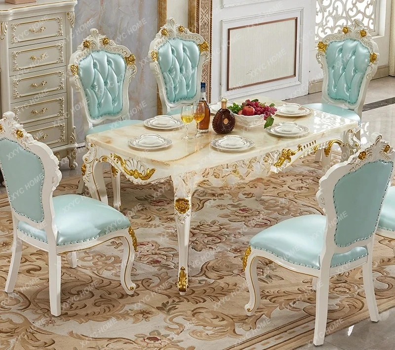 European dining table solid wood marble surface gold painted square dining table villa set