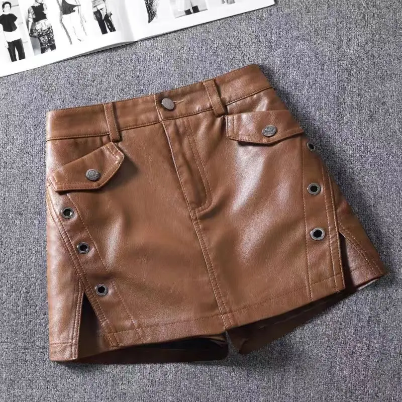 New Leather Shirt Shorts for Women Autumn Winter High Waisted Brown Back Biker Shorts Streetwear Booty Shorts with Pockets