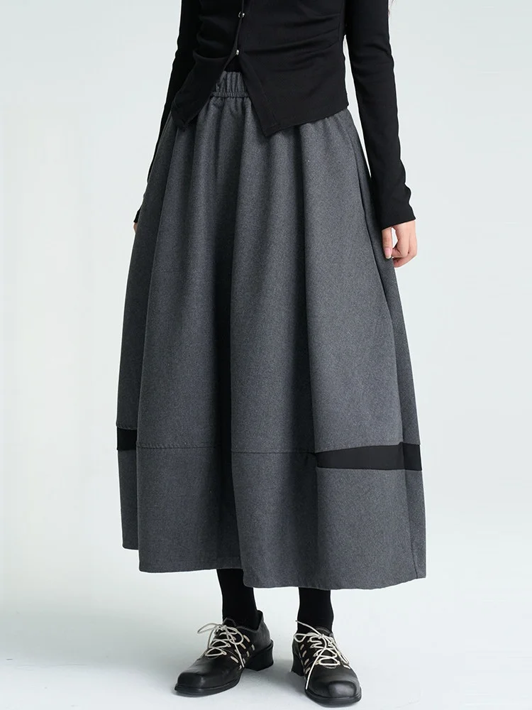 Land And Mountain Island Autumn Winter Color Block Woolen  Skirt Women's A-Line Long Skirt Black Pleated Skirt