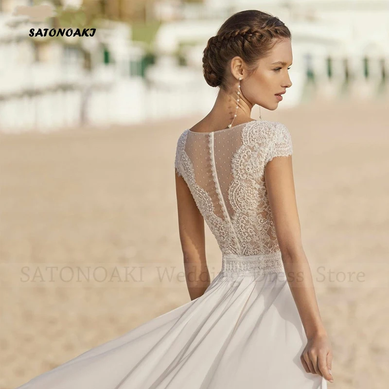 Robes de mariée en mousseline de soie Boho élégantes, mancherons, appliques à col en V, robe de mariée de plage, sur mesure, 2024