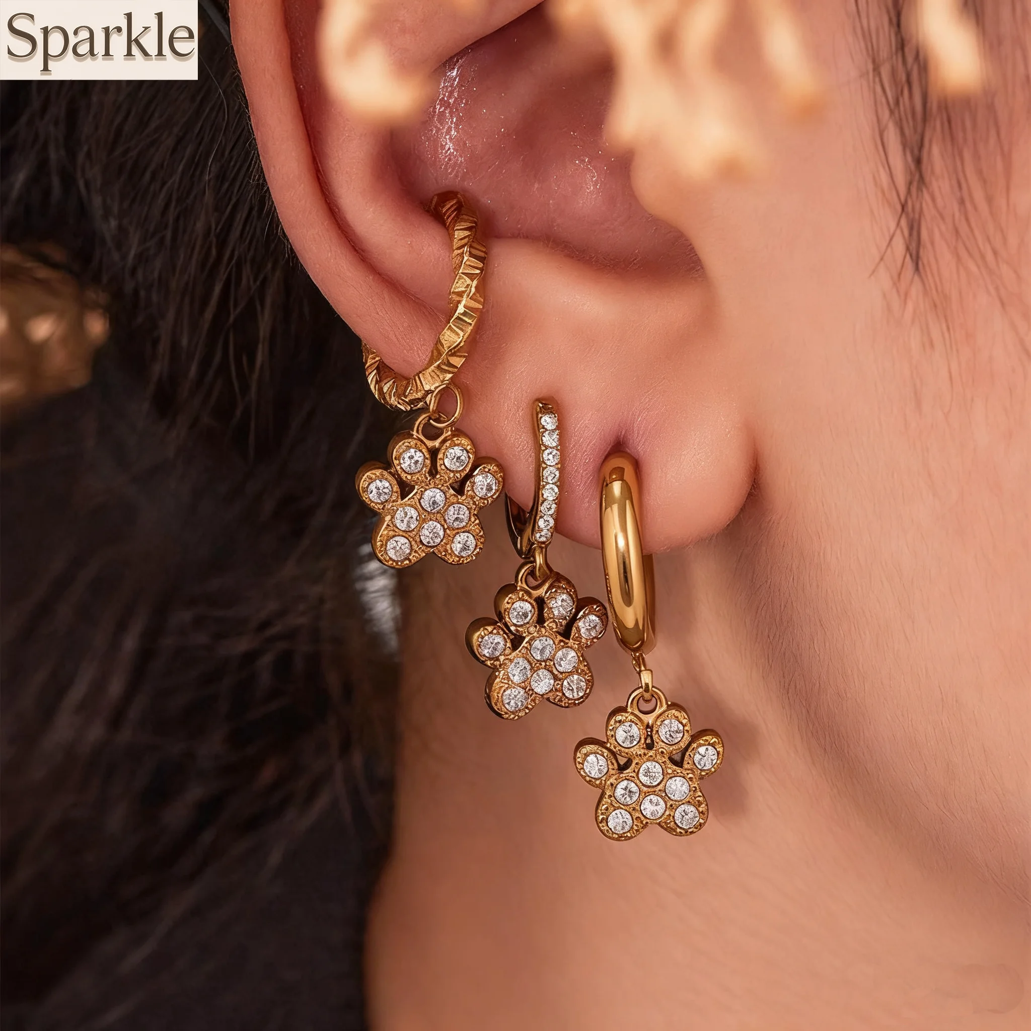 

Delicate Cat Bear Paw Pendant Earrings Set for Women 5A Zircon Inlaid Stainless Steel PVD Gold-Plate High Quality Hoop Earring