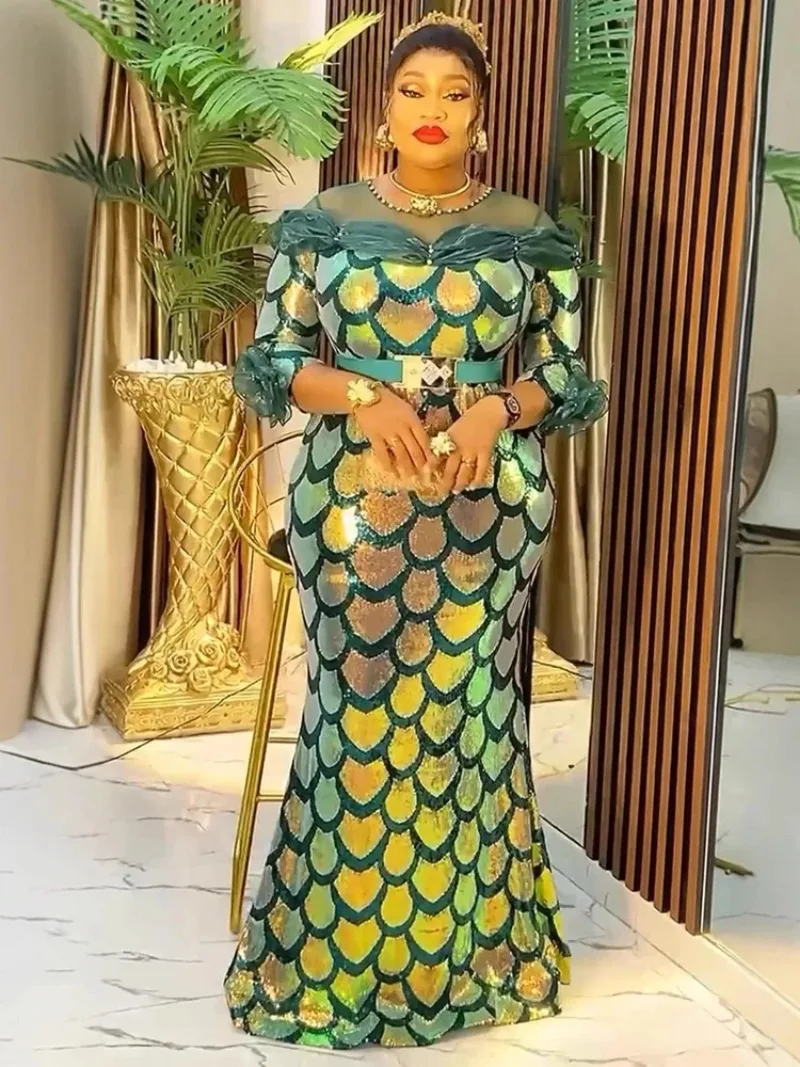 Luxury Sequin Mermaid Dresses For Women Prom Party Evening Long Dress African Dashiki Outfits Elegant Ladies Birthday Gown 2025