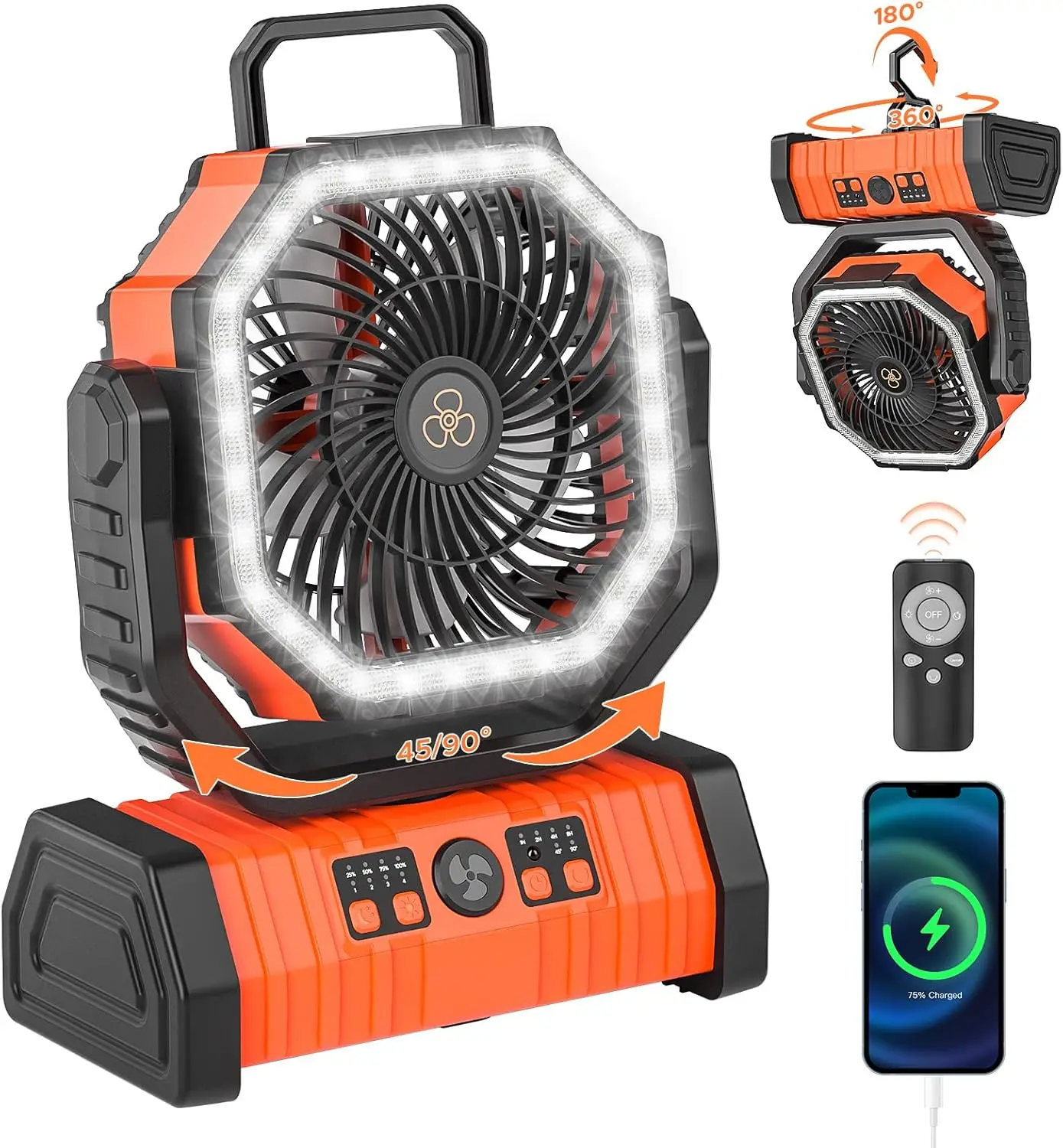 

Перезаряжаемый вентилятор для кемпинга со светодиодным фонарем, аккумулятор емкостью 20000 мАч с автоматическим распознаванием и пультом дистанционного управления/крючком/таймером, новая популярность