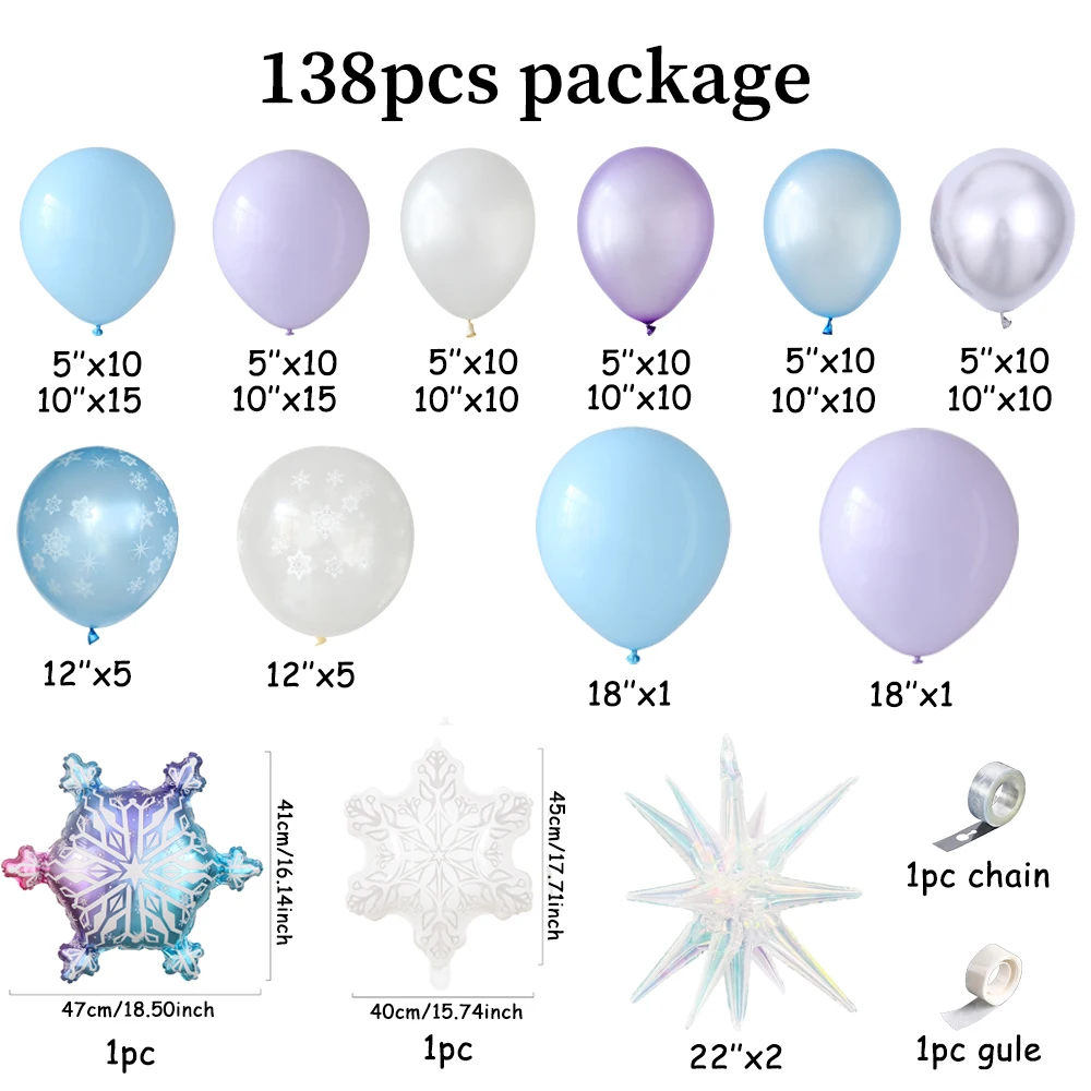 138pc Ice Snow Balloon Garland Blue Purple Iridescent Snowflake Balloon Princess Winter Wonderland Birthday Christmas Party Deco