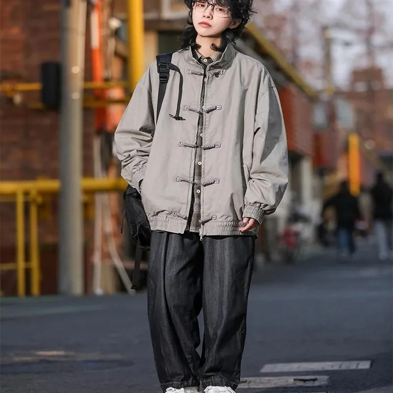 

Retro Chinese Sle Stand Collar Jaet Men's Spring Autumn Loose Ethnic Sle Waed Workwear Single Button Closure Coat