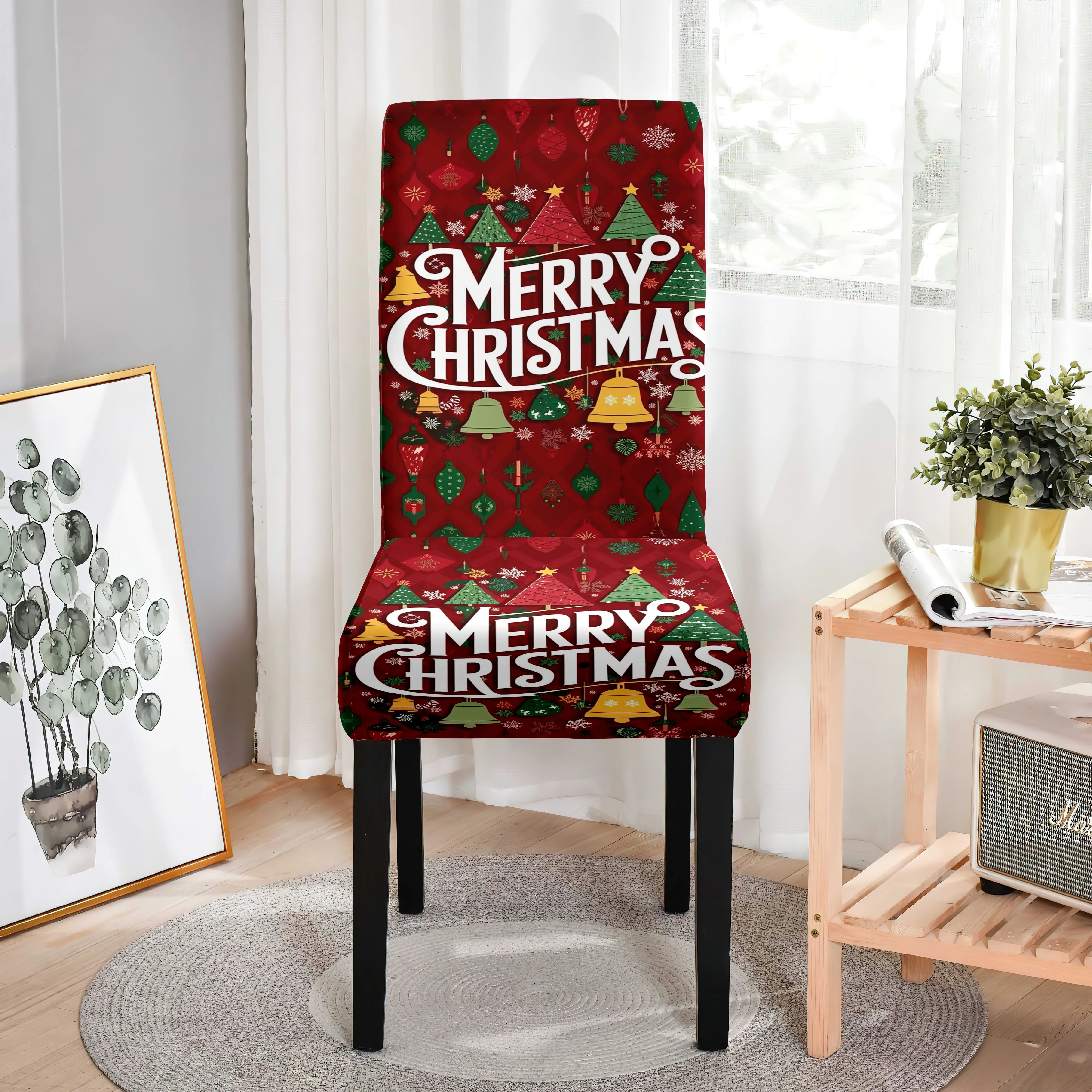 

Чехлы на стулья Merry Christmas, текстовые и рождественские елки, праздничные подарки и атмосферные украшения.