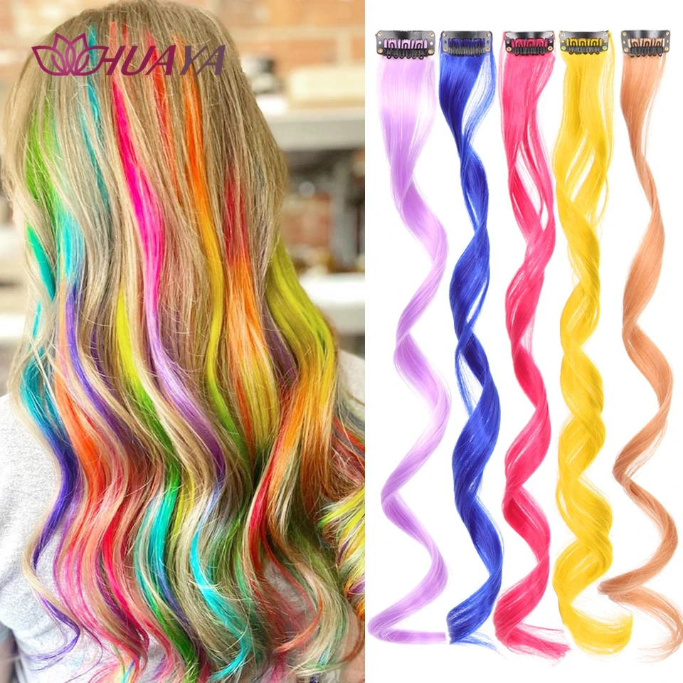 HUAYA One Clip Colored Hair Extension Long Straight Hair Extension Pink Blue Highlight Hair Sparkling Shiny Party Hair Extension