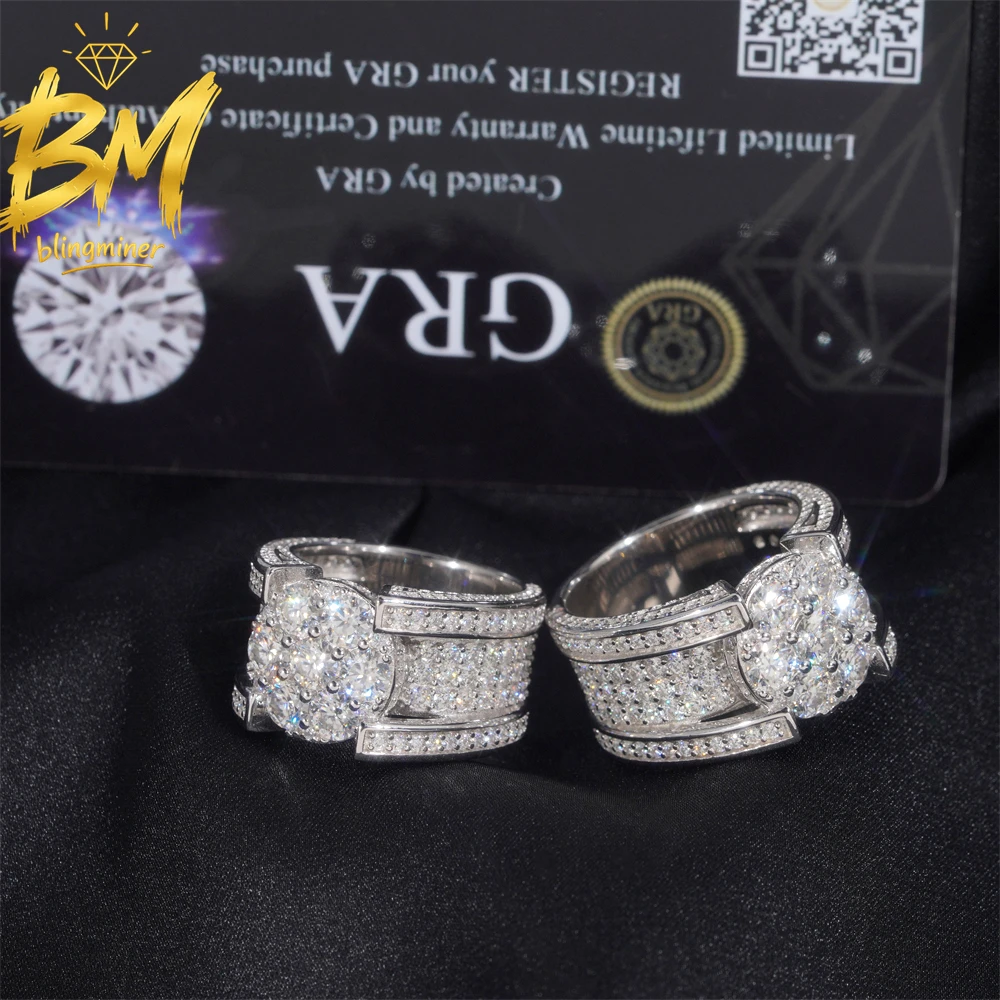 Blingminer Round VVS Moissanite Rings For Men Women S925 Silver Iced Out Finger Jewelry Pass Diamonds Tester GRA Free Shipping