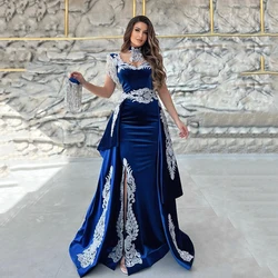 Msikoods Moroccan Caftan Evening Dress Sliver Appliques Lace Customized Royal Blue Mermaid Velvet Arabic Prom Gowns Party Dress