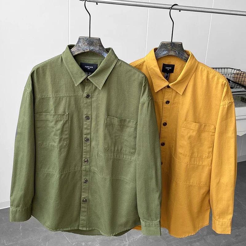 

Men's Fashionable Long Sleeve Shirt Jacket Retro Workwear Style Versatile Spring Autumn Youth Popular Pure Color Sta...