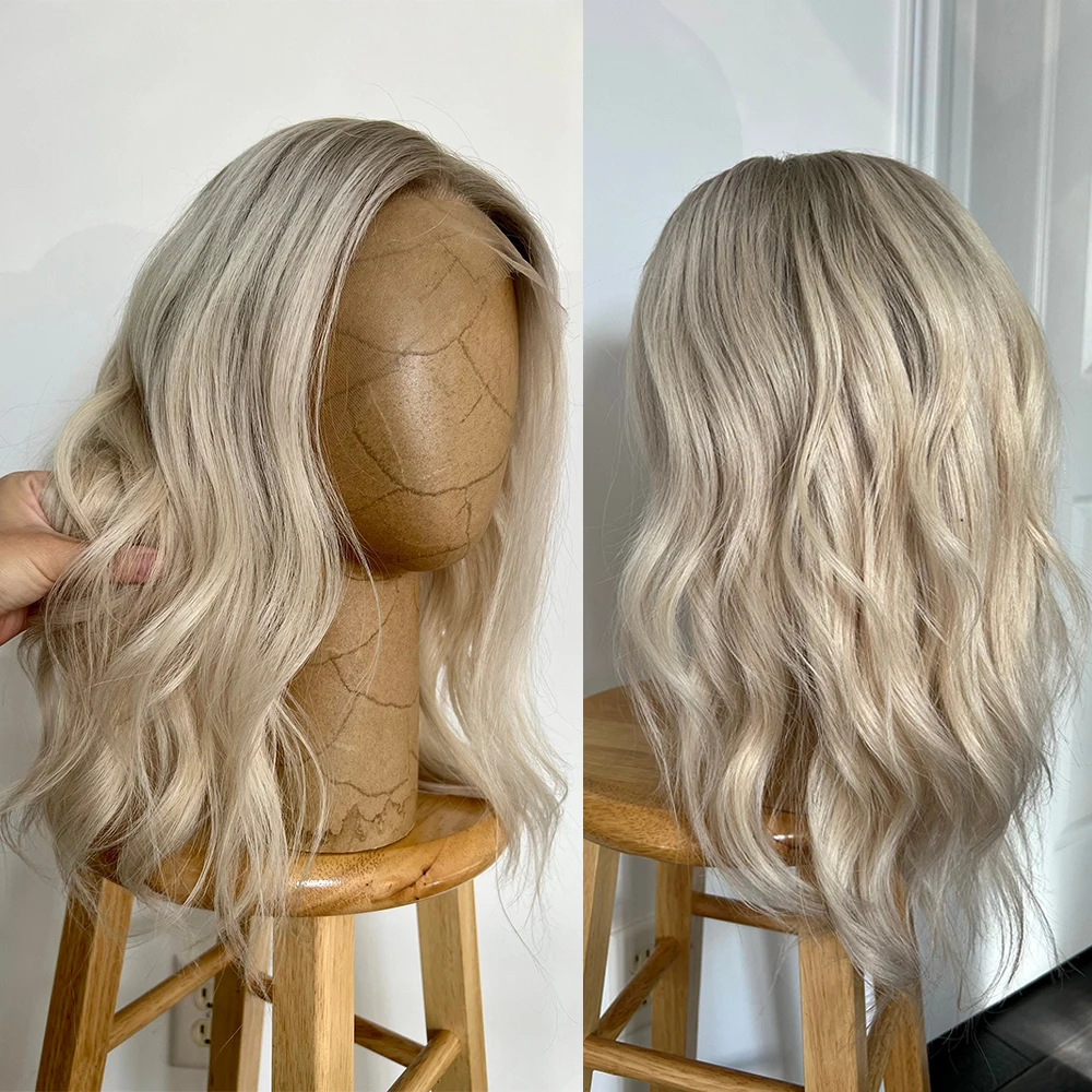 Icy Platinum Blonde with Light Ashy Blonde Shadow Roots Virgin Human Hair HD Lace Front Wig Hand Tied HD Full Lace Wig 12