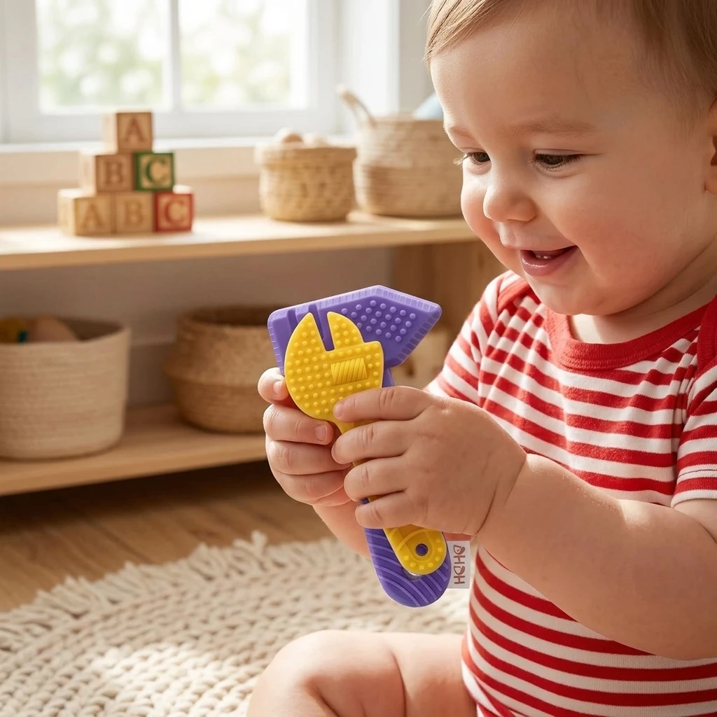 Baby Teething Teether Toys Silicone Tool Shape Chew Toy BPA Free for 0 To 12 Months Infant Oral Care Soothing Play Freezer Safe