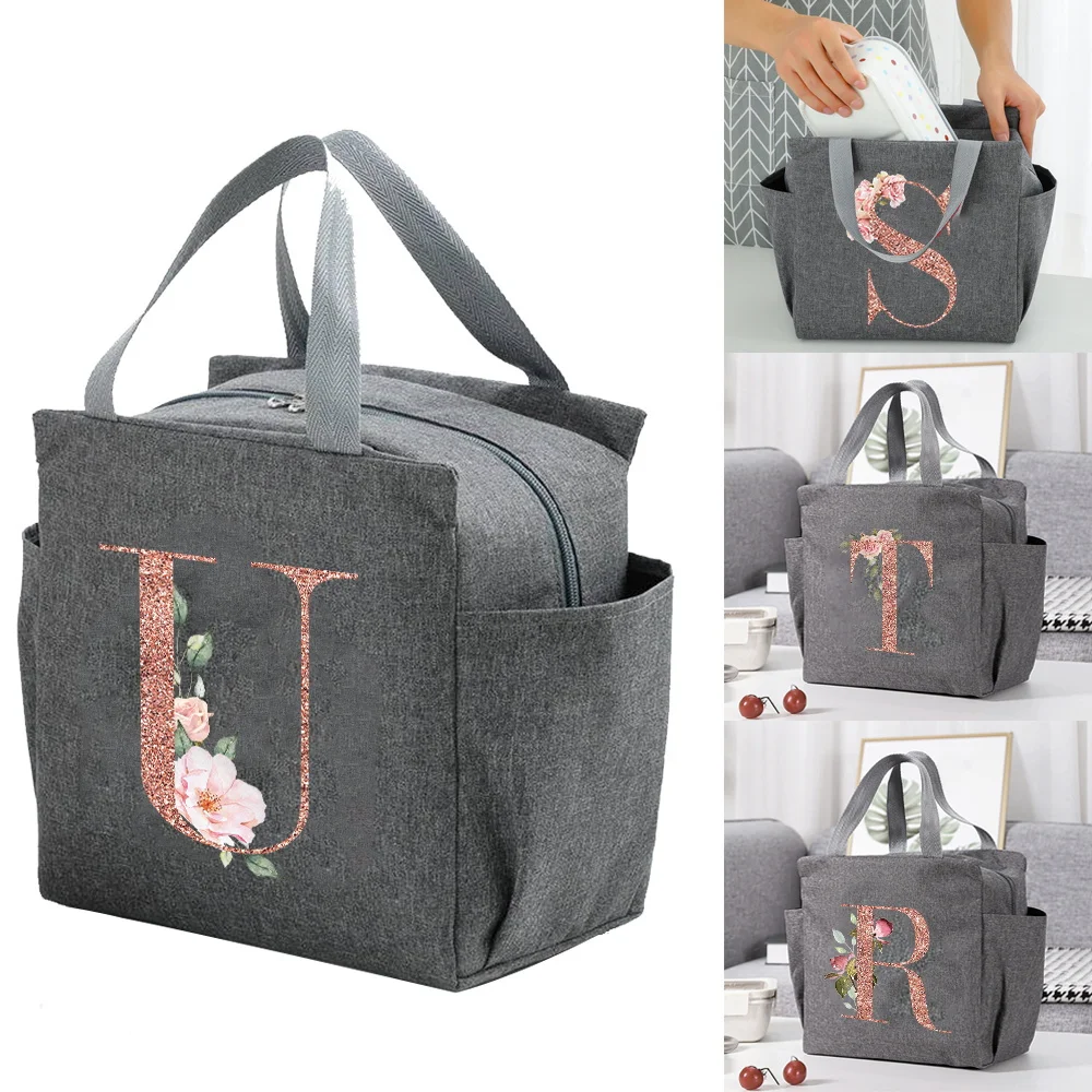 

Insulated Lunch Box Men Women Travel Portable Camping Picnic Bag Rose Gold Letter Print Cold Food Cooler Thermal Bag Handbag