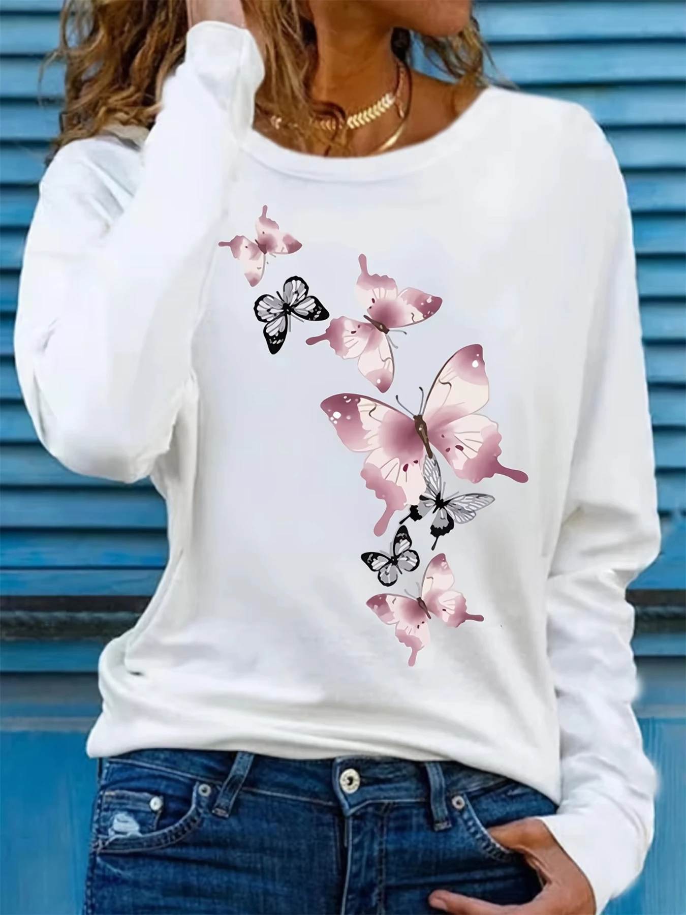 

Spring and Autumn Women's 100% Cotton Fashion Casual Loose Butterfly Pattern Print Round Neck Long Sleeve T-shirt Base Shirt