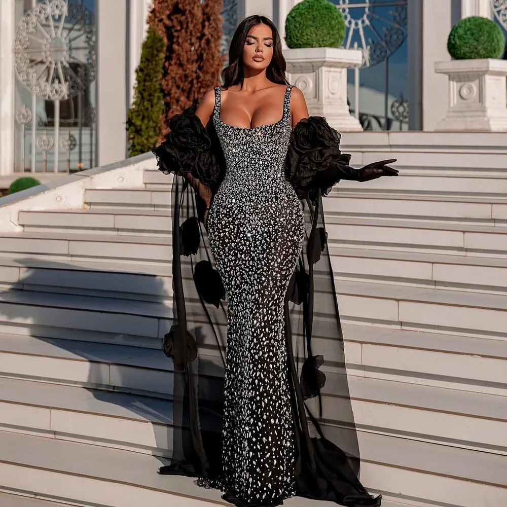 

Luxury Sparkle Crystal Beaded Long Evening Dresses With Handmade Flower Bicep Cape 2 Pieces Formal Dress Wedding Party Dress