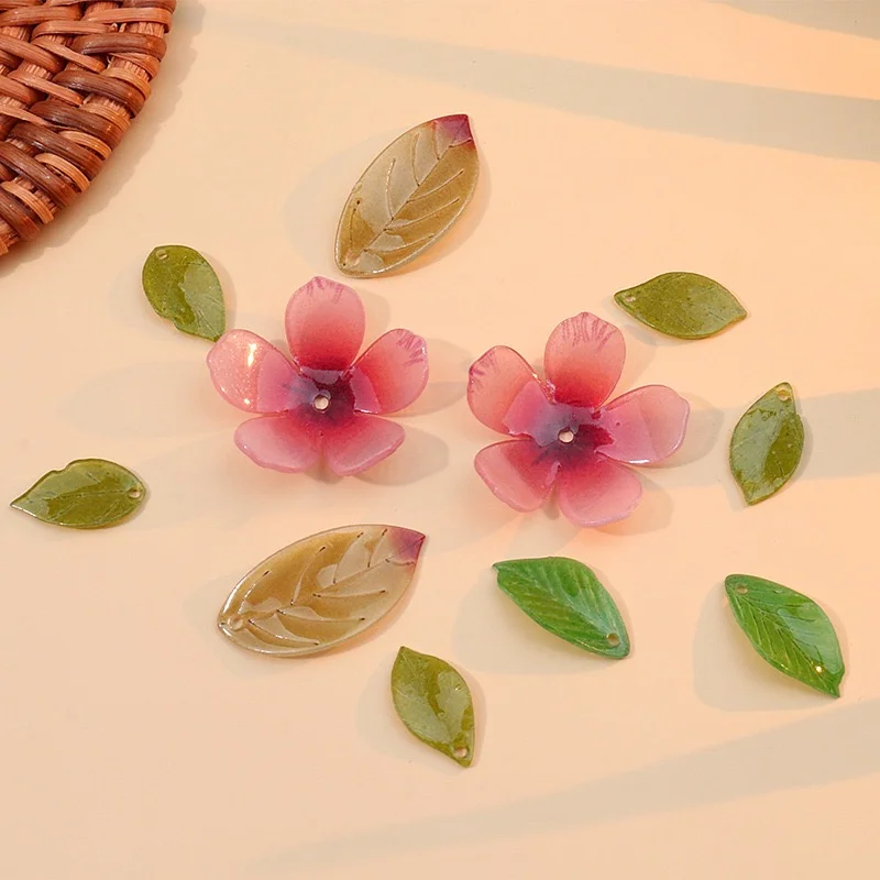 Summer style 50pcs/lot color print cartoon flowers leaves shape acrylic handmade floral beads diy jewelry garment hair accessory