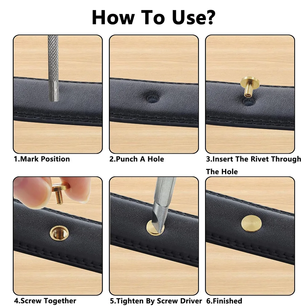 NINDEJIN 10sets OD4mm Brass Chicago Screw Leather Rivets Belt Screw M3 Bookbinding Screw Rivet Nails for DIY Jean Belt Handbag