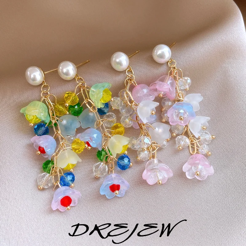 DREJEW Flower Pearl Style Tassel Drop Earring Skewers Sweet Light Luxury High-end Temperament Earrings for Women Holiday Jewelry