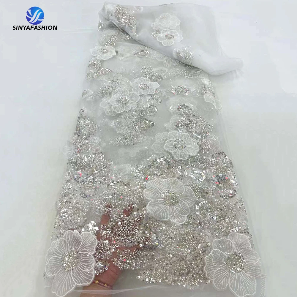 

Sinya White African 3D Flower Applique Nigerian Lace Fabrics 5 Yards High Quality French Tulle Sequins Beaded Lace Fabric Luxury