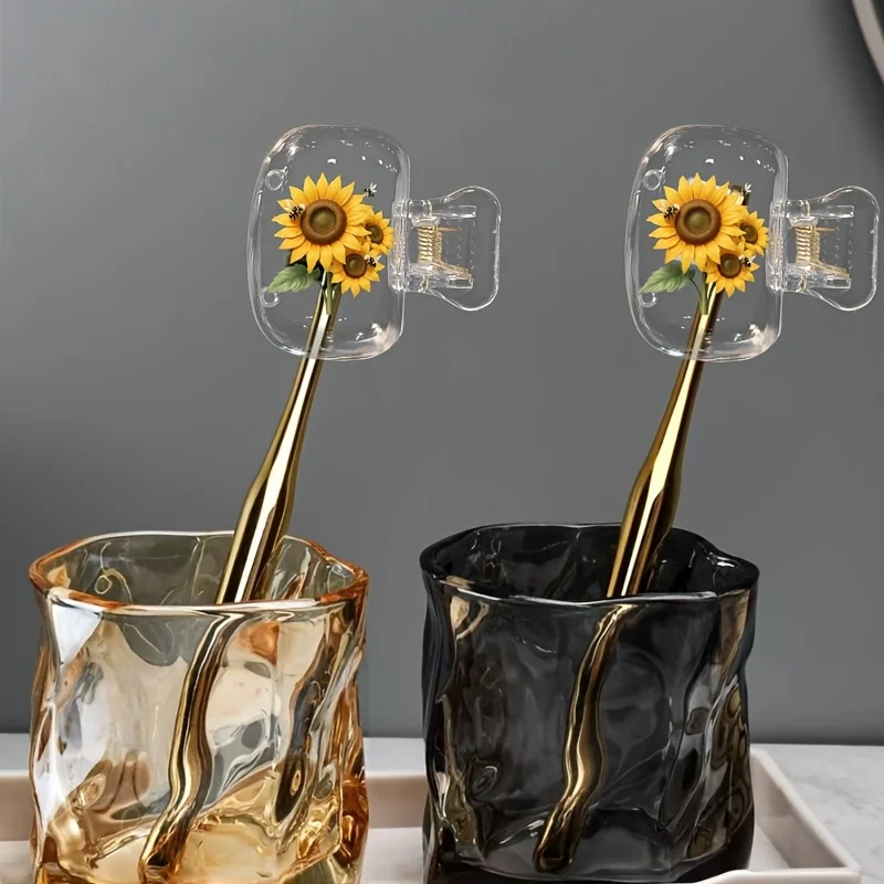 2pcs Sunflower Portable Toothbrush Head Cover Storage Boxes Essential Bathroom Additions for Family And Business Trips Daily Use