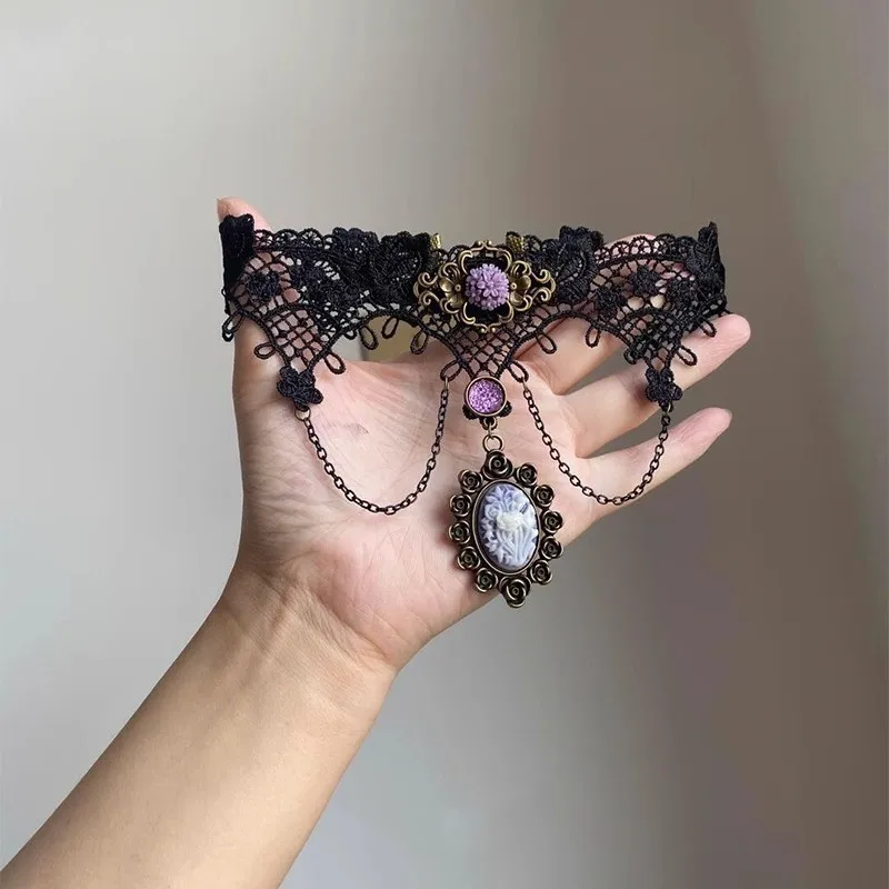 Cosplay Lolita Black Lace Choker Necklace for Women Trendy Neck Chain Collarbone Necklaces Punk Gothic Jewelry for Girl Vintage view 2