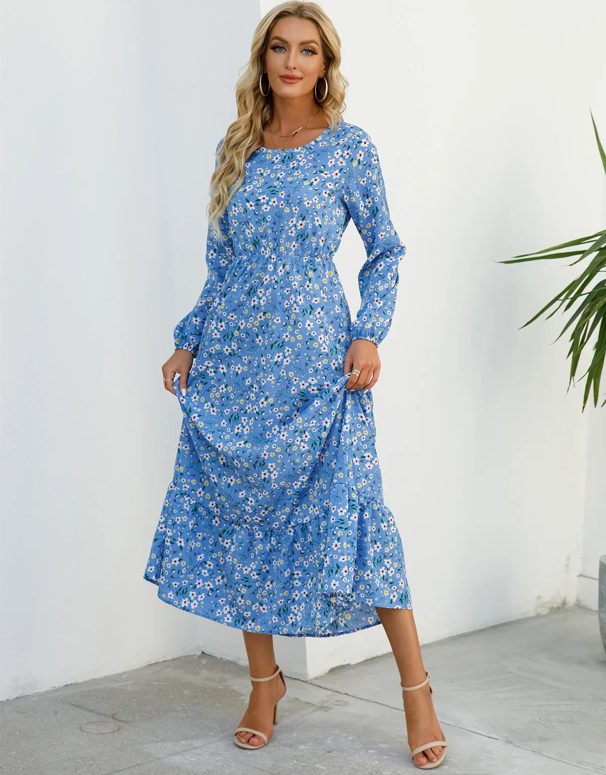 Frauen eid muslimischen Kleider enge Taille o Hals Rüschen gespleißt lässig Vestidos Blumen Kleid Dubai Kaftan Islam Marokko Araber