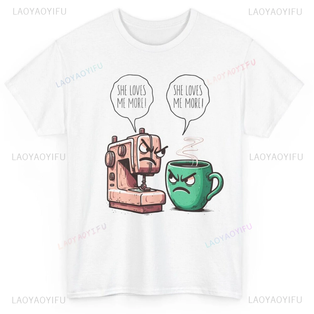 Sewing Machine and Coffee Funny Woman T-shirt Humorous Quilting Coffee Lovers High Quality Cotton Graphic T Shirt Man Unisex Tee