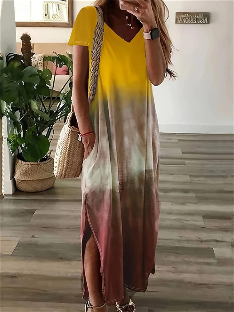 Women's Summer Dresses V Neck Short Sleeve Gradient Printed Ankle Length Women's Dresses Outdoor Streetwear Elegant Slit Dresses