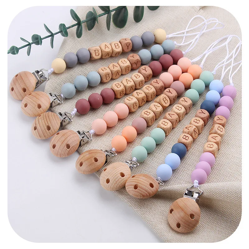 Custom Name Wooden Personalized Baby Pacifier Chain Silicone Bead Dummy Nipple Holder Guard Teether Pendant  Newborn Gift Stuff