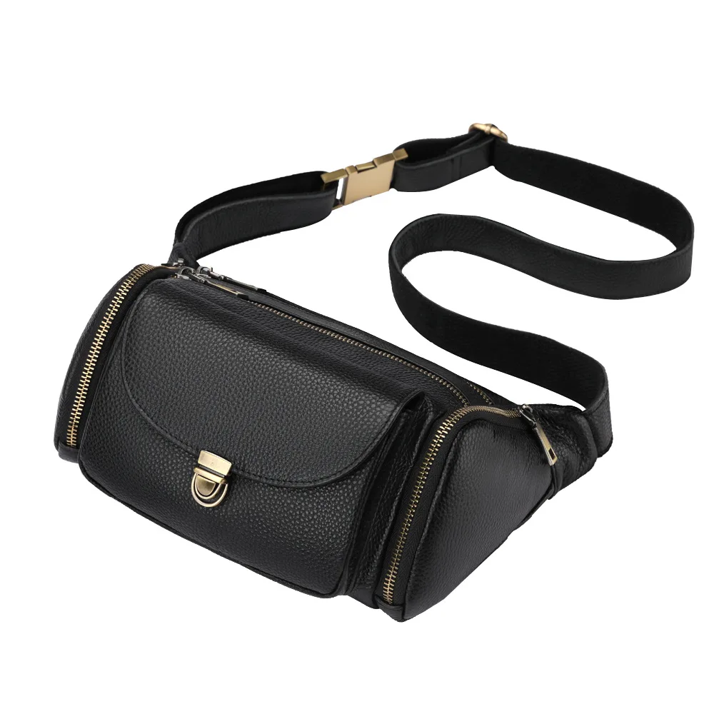 حقيبة صدر جلدية للرجال جديدة للرجال الخصر جلد طبيعي سعة كبيرة موضة جلد البقر Crossbody حقيبة صدر متعددة الوظائف