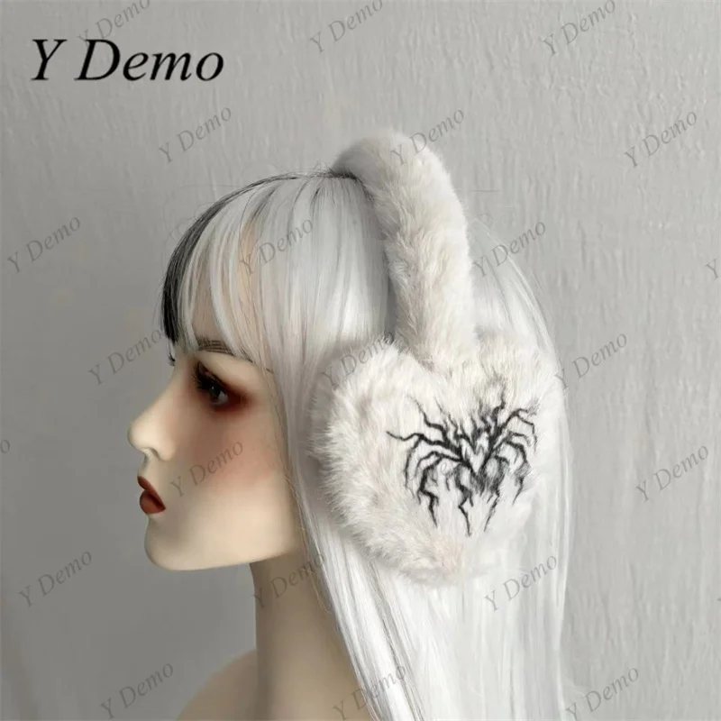 Y Demo Gothic Strips หูอุ่นครอบคลุมรูปหัวใจน่ารัก Harajuku พิมพ์ Fuzzy Earmuff