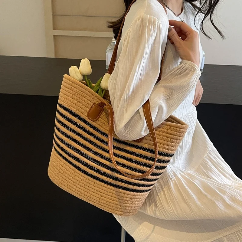 Summer Fashion Large Capacity Beach Boho Style Handbag Striped Design Straw Tote Bag Fulfilment Shopping Bag