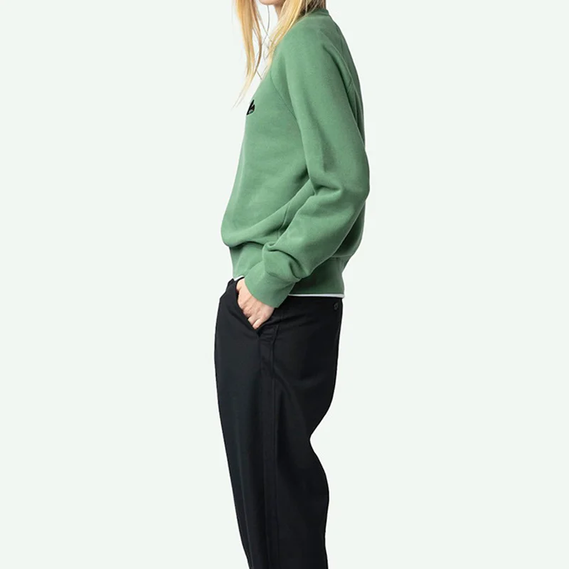 Women Green Pullover Love Embroidery Cotton Tops Female O-Neck Sweatshirts Casual Long Sleeve Sweatshirt Loose Winter Tops