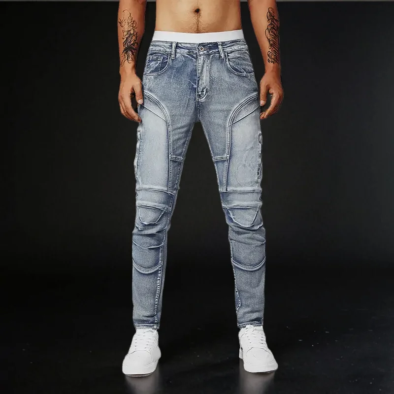 

2025 Patchwork Retro Wear-resistant Biker Jeans, Motorcycle Pants, Men's Trendy High Street Stretch Slim Fit Casual Long Pants