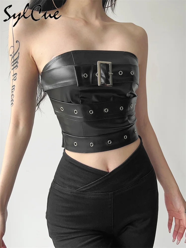 Sylcue Classic Retro Matte Black Mysterious Sexy All-Match Personality Fashionable Summer Travel Cool Women Belt Chest Wrap Vest