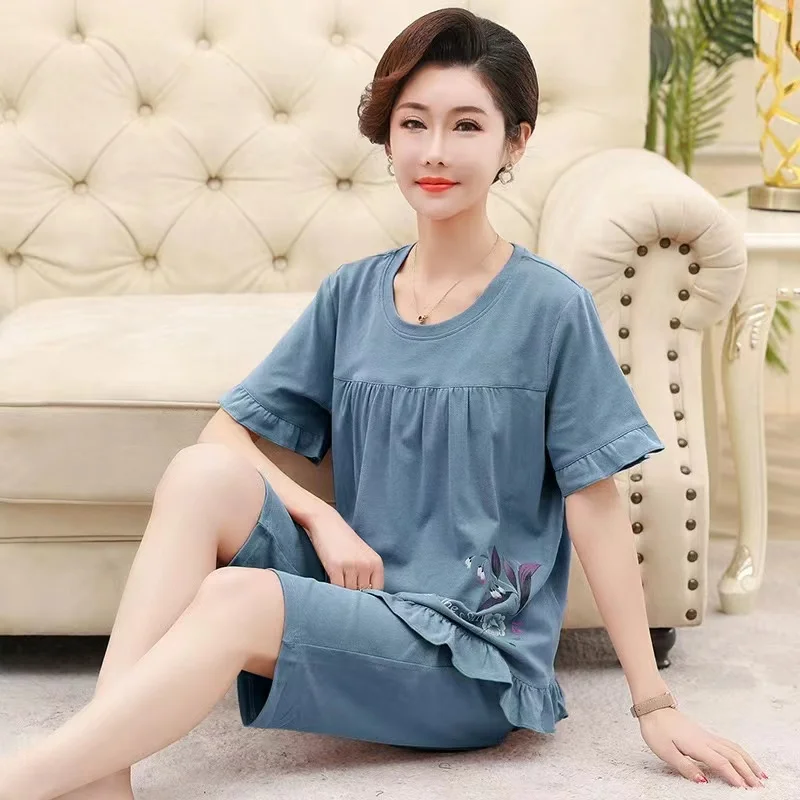 Fdfklak New Cotton Pajamas Ladies Summer Middle-aged Dlderly Short-sleeved T-shirt Cropped Pants 4XL Big Size Home Service Suit
