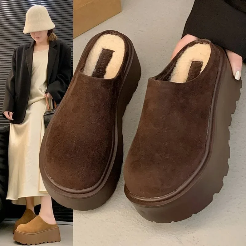 

Winter Retro Round Toe Slippers Women's Thick Sole Slippers Fashion Warm Ladies Outer Wear Slippers Female Shoes
