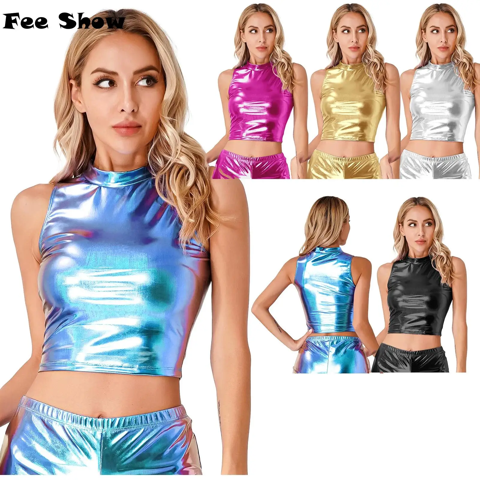 FEESHOW Women Fashion Wet Look Faux Leather Tee Shirts Sleeveless Mock Neck Turtleneck Vest Tank Tops Clubwear