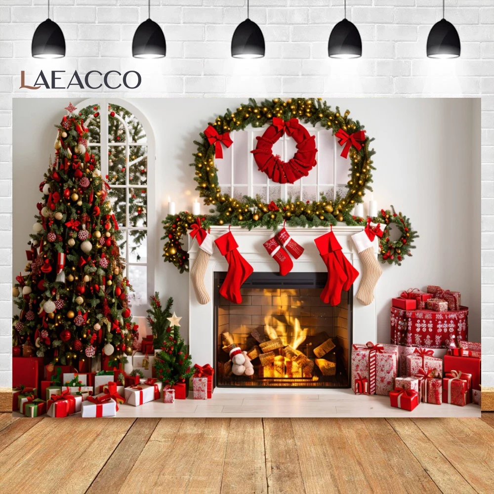 Laeacco Christmas Backdrop For Photography Light Pine Tree Window New Year Party Decor Photography Background For Photo Studio