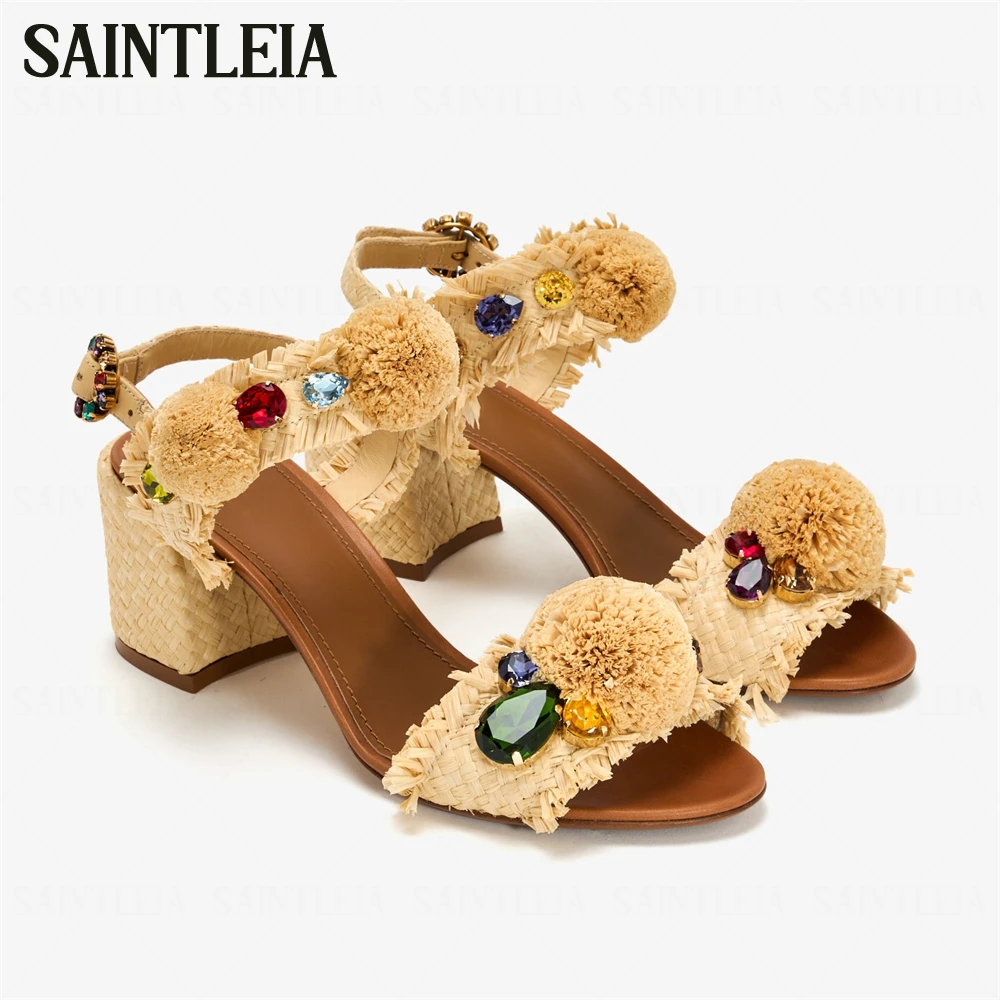 

Lavish Crystal Block Heel Sandals Gemstone Jewel Buckle Summer Shoes Patent Leather Open Toe Embroidery Chunky Sandals for Women