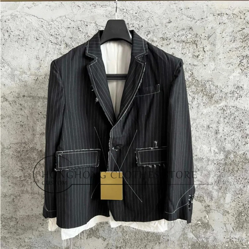 New original deconstructed black and white striped suit, with frill lines decorating the high-quality coat